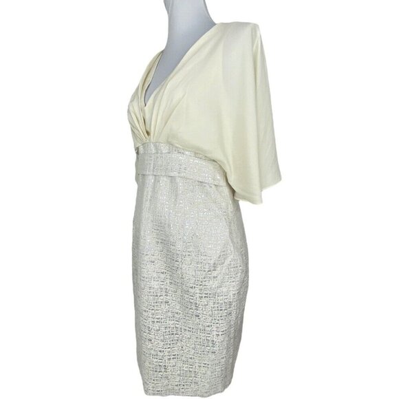 Badgley Mischka Women’s Off-White Silver Metallic Silk V-Neck Party Dress 10/C32 - Picture 6 of 12